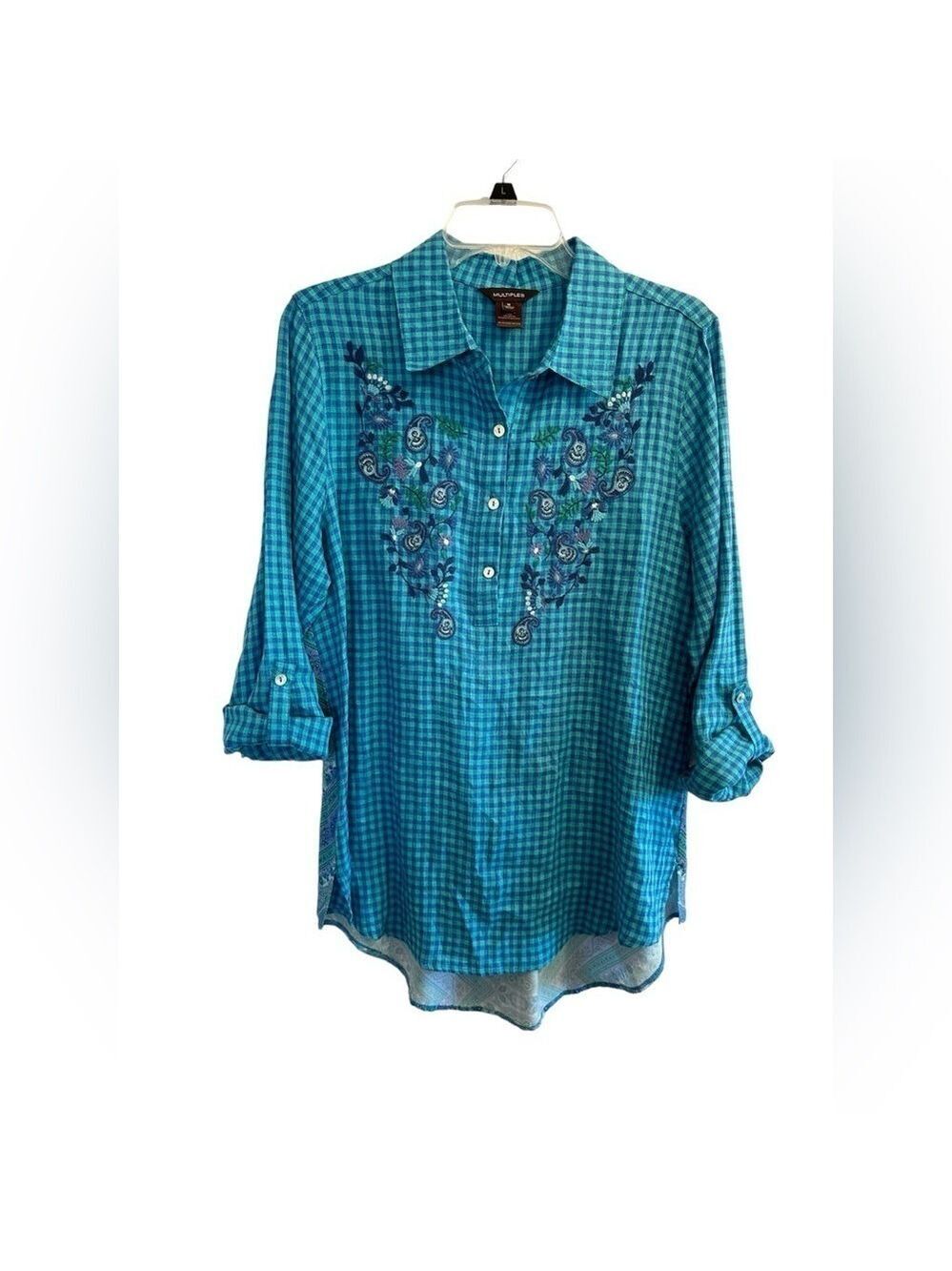 Multiples Paisley & Blue Linen Checkered Button Down Casual Blouse Womens Medium